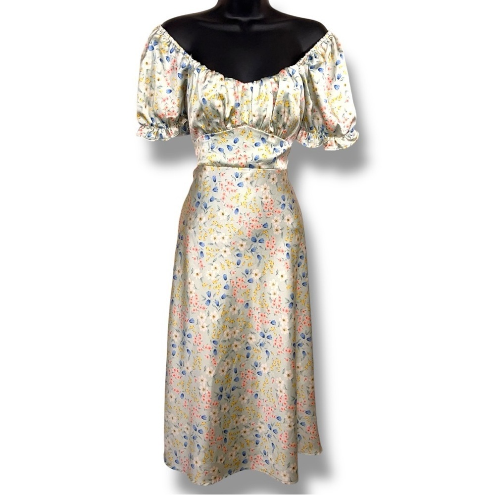Juniors Large Inspire Hearts Green Floral Satin Dress Cottagecore Peasant Flowy
